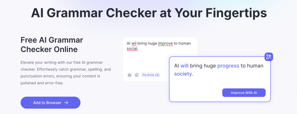 Arvin AI Grammar Checker interface, showing a correction of a sentence from 'AI wil bring huge improve to human social' to 'AI will bring huge progress to human society,' with options to 'Fix Error' and 'Improve With AI.' Includes a call-to-action to 'Add to Browser.